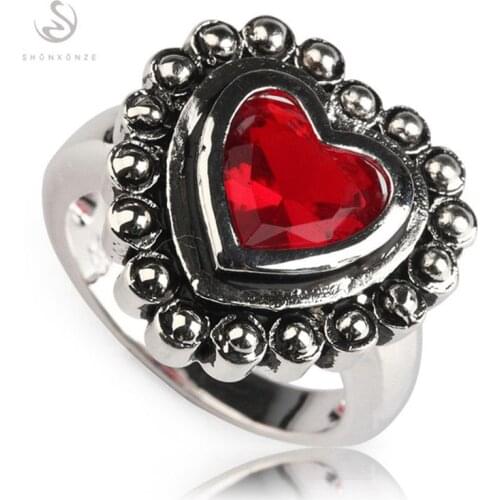 SHUNXUNZE Vintage Engagement Wedding rings jewelery for women Heart Love Red Cubic Zirconia Rhodium Plated R305 size 6 8 9 10