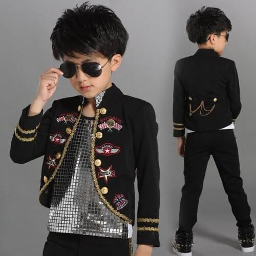 Hip Hop Dance Costumes Kids Black Coat Sequin Vest Pants Boys Jazz Dancing Outfit Children Modern Clothes Stage Show Wear DN2964