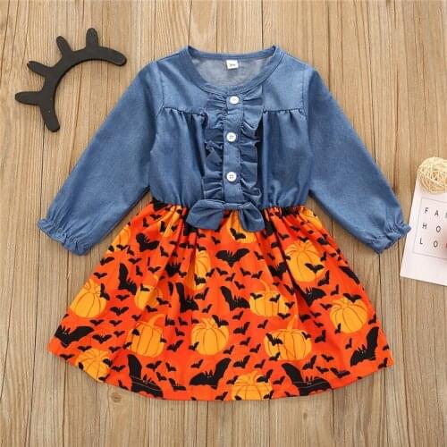 Spring Autumn Toddler Baby Girls Long Sleeve Ruffled Denim Halloween Pumpkin Print Tutu Dress Princess Summer Outfits