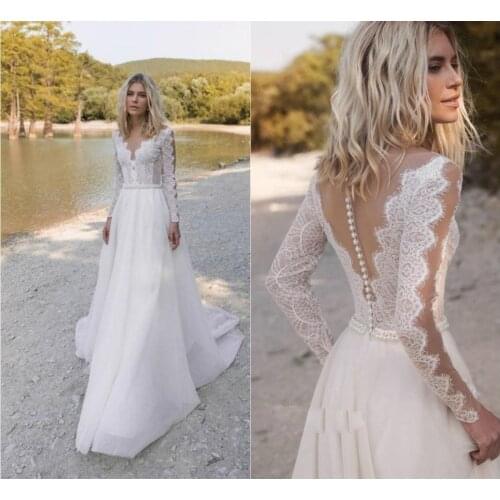 2021 Boho Wedding Dress Long Sleeve A-Line Lace Appliques Tulle V-Neck Robe De Mariee Vintage Bridal Gowns