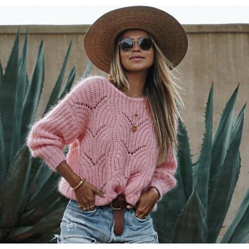 O neck knitted pollover sweater jumper women autumn winter casual elegant oversize soft pink sweater jumpers top pull femme