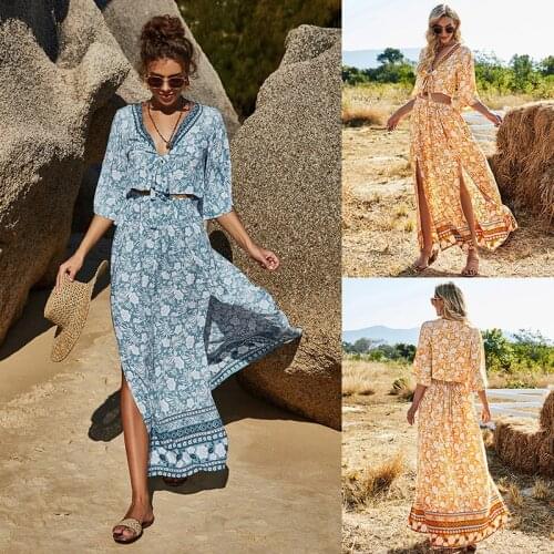 Summer Beach Dress Kaftan Plus Size Bathing Suit Cover Ups Women Swim Coverup Skirt Bohemian Two-Piece Outfit Pareo Praia Floral