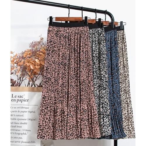 TFETTERS Women Chiffon Pleated Skirt Spring Summer New Retro Leopard Long Skirt High Waist Prited Skirts Womens Clothing