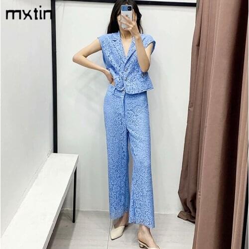 2021 Women Fashion Lace Wide Leg Pants Vintage Summer Zipper Fly Female Korean Style High Waisted Ankle Trousers Ropa Mujer