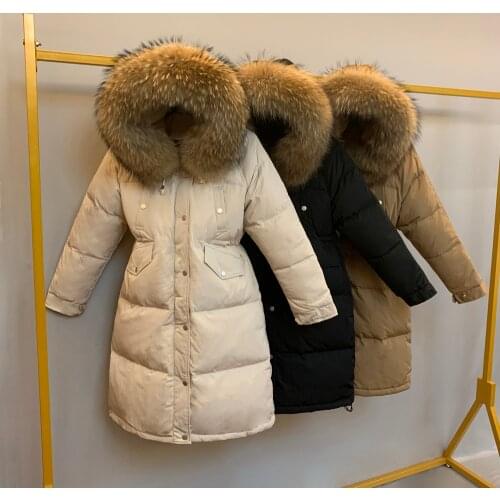 2021 Winter Womens Down Jacket Hooded Big Fur Warm Long 90% White Duck Down Coat Female Thick Loose Puffer Jacket Snow Parkas