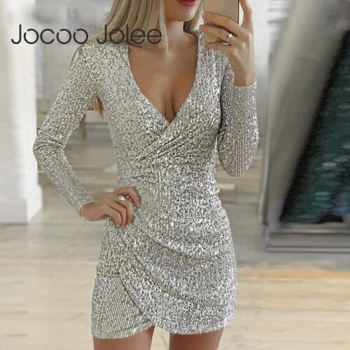 Jocoo Jolee Women Sexy Silver Glitter Dress Elegant Deep V Neck Sequin Mini Bodycon Dress Spring Long Sleeve Party Club Dresses