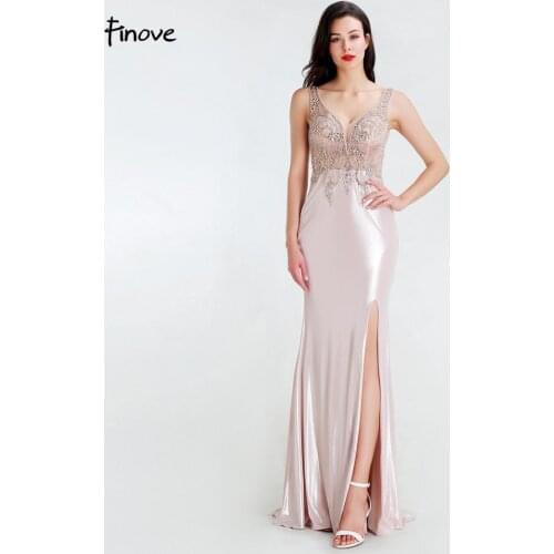 Finove Sparkly Mermaid Evening Dresses Long 2020 Sexy V Neck High Split Beaded Formal Dress Gowns Reflective Dress For Lady