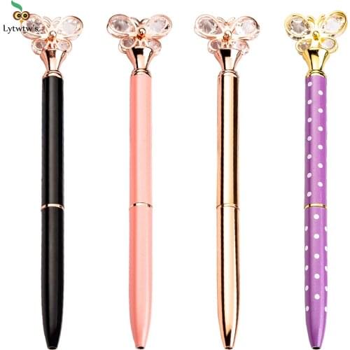 1 PCS Glass Butterfly School Pen 1 mm Bullet Point Metal Ballpoint Pen Spare Black Writing Pen For Student Rose Gold Stationery