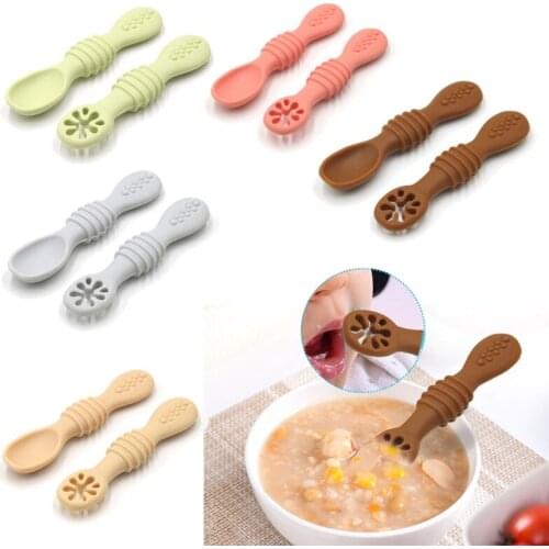 2 Pcs Newborn Toddler Tableware Learning Feeding Scoop Training Utensils Baby Silicone Spoons
