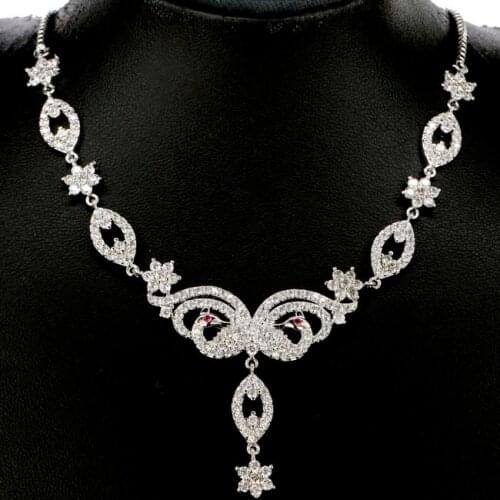 2020 New Arrival Peacock Created Rhodolite Garnet White Cubic Zirconia Ladies Wedding Silver Necklace 17.5-18.0inch