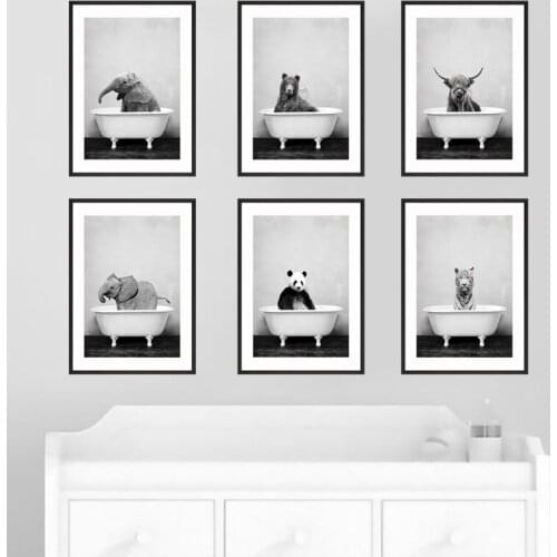 Abstract Animal Bathtub Bathing Poster Elephant Giraffe Living Room Decoration Nordic Wall Art Print Canvas Painting Core