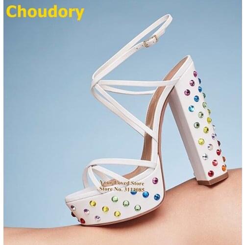 Choudory Multi-Color Bling Bling Crystal Sandals White Chunky Heels Platform Wedding Shoes Cross Strappy Rhinestone Dress Pumps