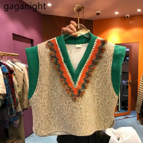 Gaganight V Neck Sweater Vest Vintage Women Beading Knitted Pullovers Casual Female Sleeveless Waistcoat Loose Korean Vest Tops