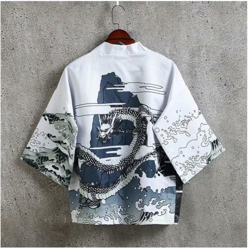 Japanese Dragon Printed White Kimono Women Harajuku Hip Hop Fashion Casual Streetwear Jacket Summer Cardigan Men Yukata