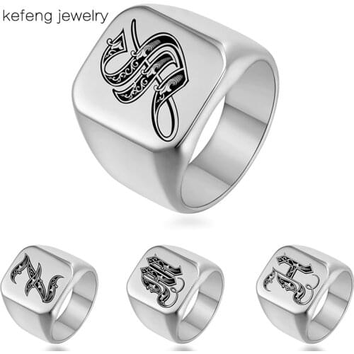 Fast Shipping Hip Hop Stainless Steel Rings Silver Color Ring Men Jewelry Custom Initial Engrave A-Z Mens Rings Anillos