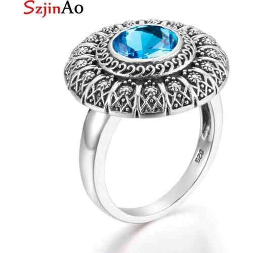 Szjinao Sterling Silver Rings 925 Blue Topaz Gemstone Round Flower Big Vintage Rings For Women Carve 2020 Branded Fine Jewelry