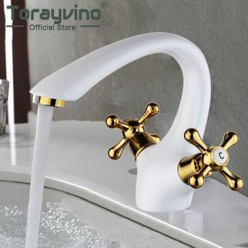 Torayvino Bathroom Basin Faucet White Painting & Gold Brass Faucets Water Column Tap Hot Cold Mixer Faucets
