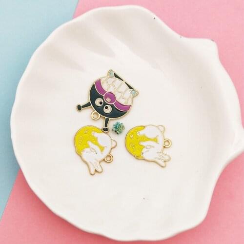 10pcs Round Enamel Charms Cartoon Cat Rabbit Hug Moon Alloy Bracelet Earring Pendants Fit DIY Keychain Jewelry Accessories FX209