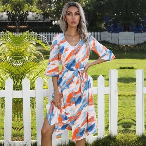 Summer Dresses For Women 2021 New V-Neck Printed Lacing Shirt Dress Fashion Bohemian Beach Half Sleeves Dress Vestidos De Verano