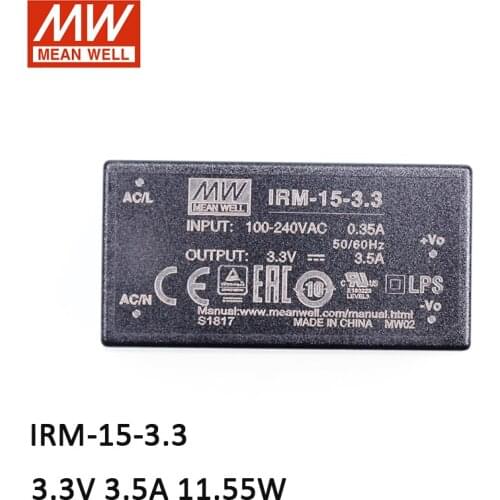 MEAN WELL IRM-15-3.3 11.55W PCB-mount assemble Encapsulated Power Module 110V/220V AC to 3.3V DC 3.5A Module type Power Supply