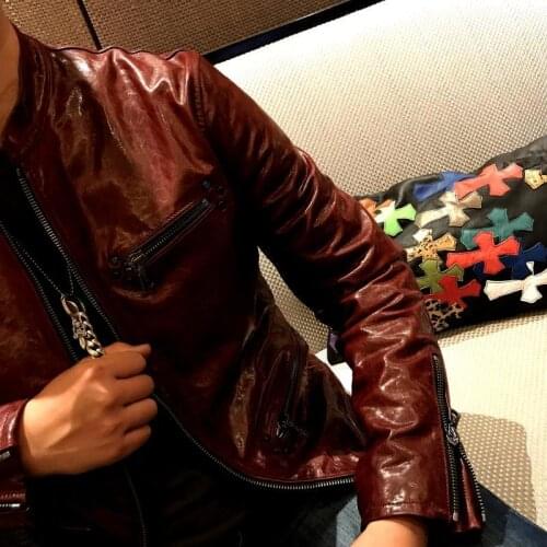 2020 Wine Red Men Retro Casual Jacket Plus Size XXXL Genuine Sheepskin Autumn Slim Fit Short Leather Coat FREE SHIPPING