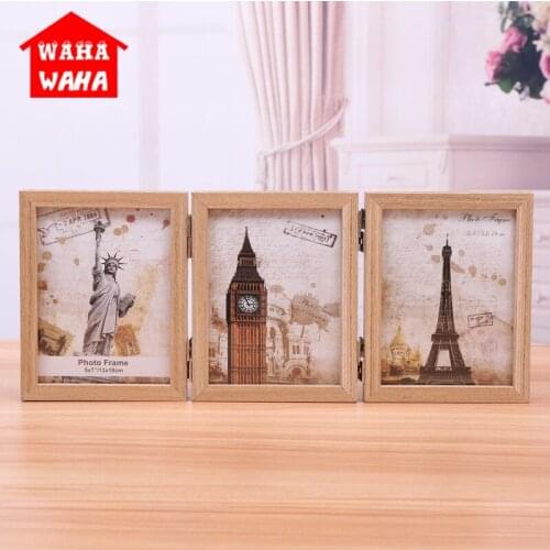 6/7/8Inch Creative Wooden Photo Frame Set Three Folding Joint Ancient Double Faced Photo Frame Pendulum Platform Home Decoration