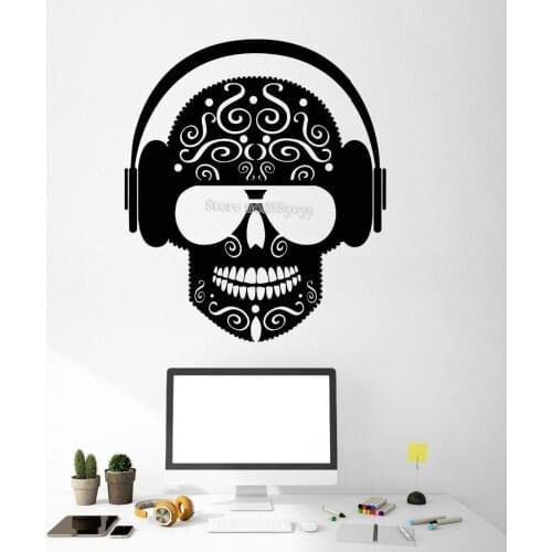 Newest Creative Art Wall Stickers Vinyl Musical Skull Headphones Music Living Room Teen Bedroom Home Decoration Wallpaper LA470