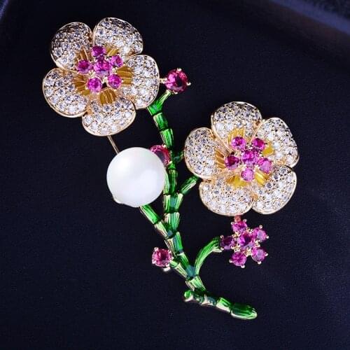 OKILY Shiny Red Zircon Plum Blossom Pins and Brooches with Pearl for Women Sweater Accessories Jewelry Enamel Bouquet Brooch