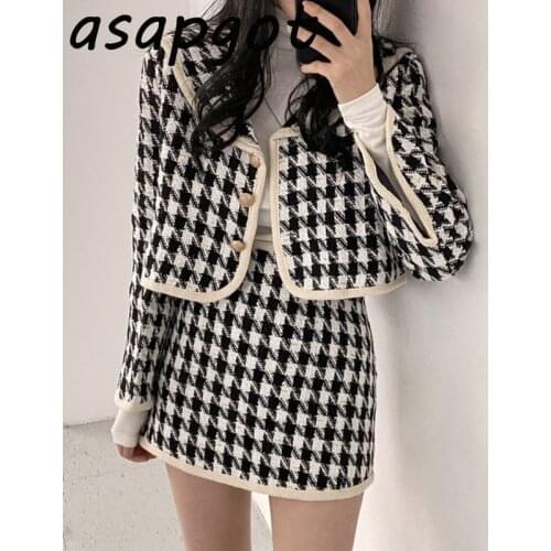 Autumn Winter Chic Korean Temperament Plaid Skirt Sailor Collar Quilted Coats Single-breasted Jacket Sets Fashion Retro Elegant