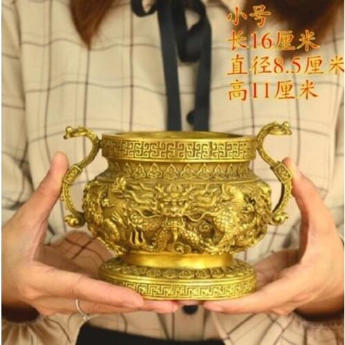 Opening pure copper double dragon ear faucet flat bottom incense burner home Feng Shui crafts ornaments