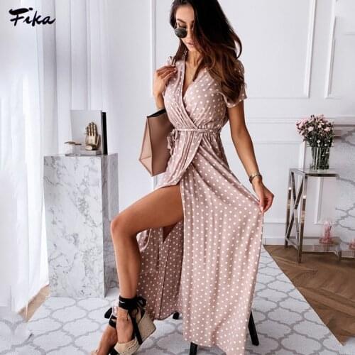 Sexy 2021 Woman V-neck Printing Split Midi Dress Summer Spring Fashion Polka Dot V-Neck Bohemian Beach Vacation Long Dresses