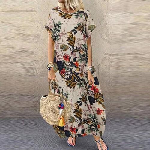 Summer Womens dress Cotton and Linen летнее платье женское Plus Size O-Neck Floral Print pocket Short Sleeve Loose Long Dress