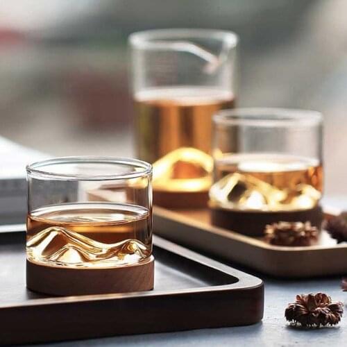Transparent Whiskey Glass Water Cups With Wooden Base Rocks Beer Mugs Milk Mug Wine Whisky Cup Drinkware Home Hotel Bar Supplies