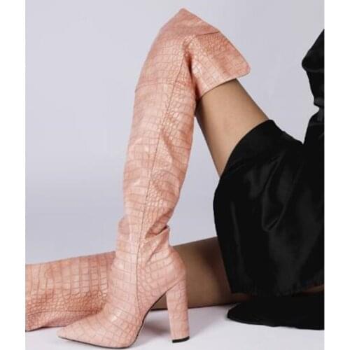 Stylish Snakeskin Printed Leather Chunky Heel Boots Pointed Toe Long Boots Zipper Tall Boots Dress Shoes Big Size 42