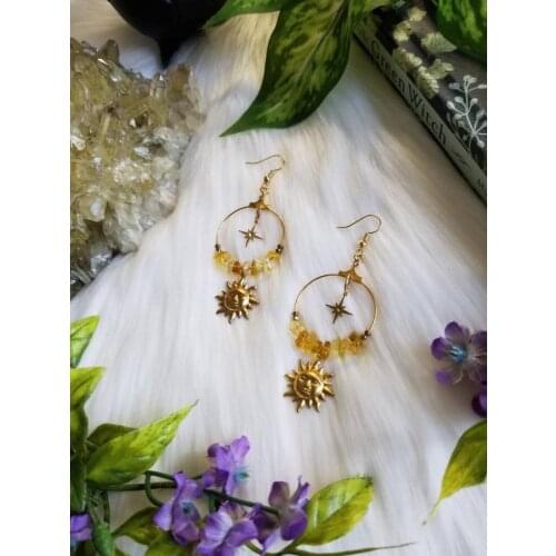 Citrine Crystal Celestial Hoop Earrings | Soleil Citrine Gold Sun and Star Hoop Earrings