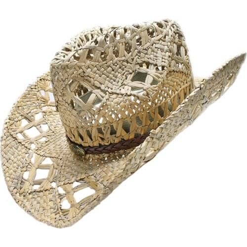 LUCKYLIANJI Womens Mens Unisexs Vintage Wide Brim Straw Sun Beach Cowboy Cowgirl Western Hat Bull Head Braid Band (58cm)