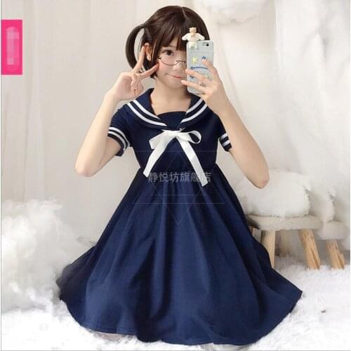 Japanese fresh Mens Girls navy style short-sleeved dress kawaii sweet sailor suit college student Lolita dress Cos Loli