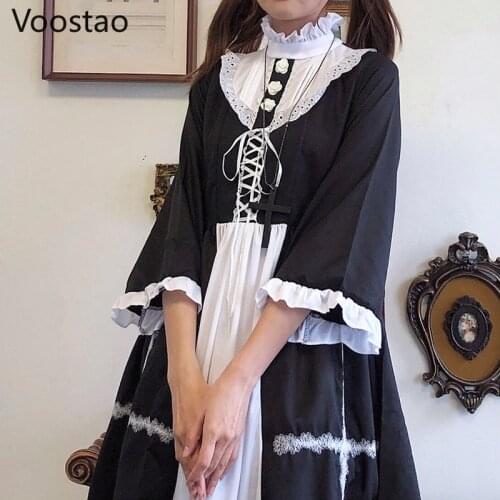 Japanese Gothic Lolita Dress Soft Girl Vintage Victorian Lace-Up Ruffles Princess Dress Women Chic Cross Black Punk Party Dress