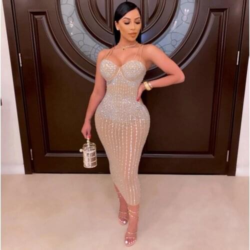 Women Black Gold White Mesh Glitter Rhinestone Elegant Midi Party See Through Sparkle Sexy Club Dresses