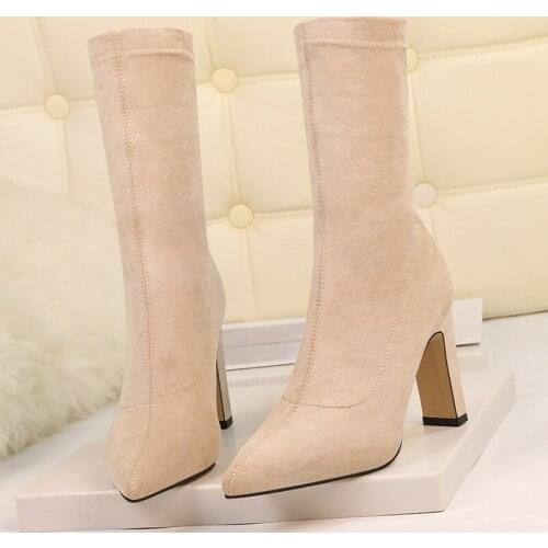 Plus Size High Heel Boots Sock Women 2022 Flock Shoes Sexy Party Thick Heel Ankle Booties Female Winter Pointed Toe Boots Shoes