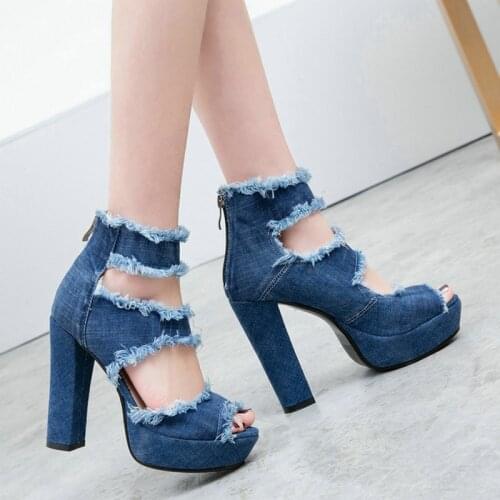 2021 Black Blue Denim Women High Heel Shoes Platform Square High Heel Women Sandals Back Zipper Dress Womens Shoes Plus Size