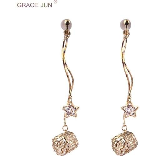 GRACE JUN Long Clip on Earings for Women Fashion No Pierced Gold Color Rhinestone CZ Star Ball Shape No Pierced Cushion Earrings
