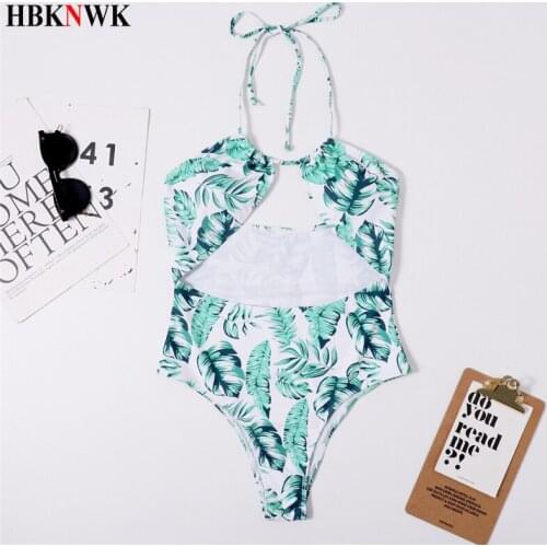 Women Leaves Print One-Piece Swimsuits Sexy Bandage Lace High Waist Swimwear 2021 Summer Female Monokini Beachwear Bathing Suit