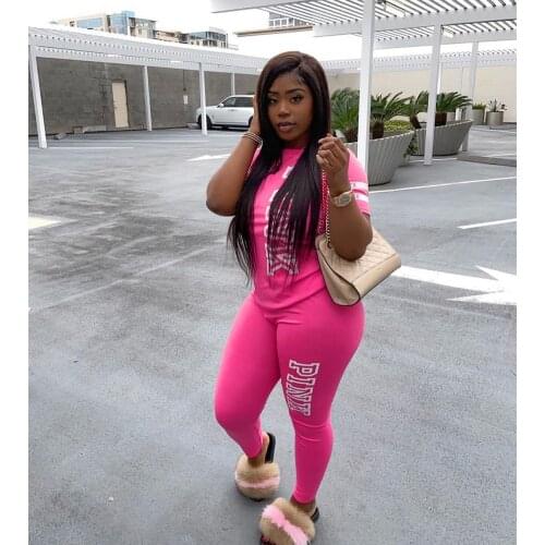Casual Women Set Pink Letter Print Tracksuit Women Short Sleeve Tshirt Leggings Pants Suit 2 Piece Outfits Set Street Sweatsuit