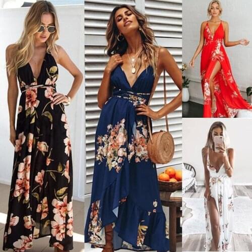 Women Sling Floral Long Dresses Arrival Summer Boho V-Neck Sleeveless Party Beach Floarl Print Maxi Dress Casual Sundress -40