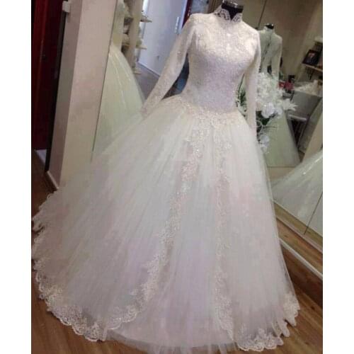 Vestido De Novia 2021 Long Sleeves Muslim Bridal Wedding Gown with Appliques Lace tulle A-line Simple Bride to be Dress