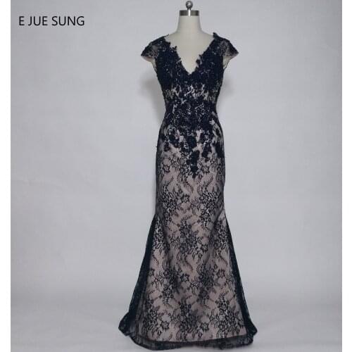 E JUE SHUNG Navy Blue Lace Mermaid Long Evening Dresses Formal Evening Gowns Cap Sleeves Mother of the Bride Dresses