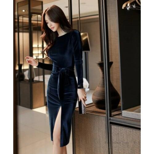 2021 Winter Party Office Dresses for Women Solid Long Sleeve Black Bodycon Vintage Vestidos Velvet Dresses Split Sheath Dress