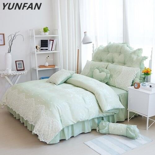 2019 White green princess style 100% Cotton lace jacquard luxury wedding Bedding Set Duvet Cover Bed Linen Bed skirt Pillowcases