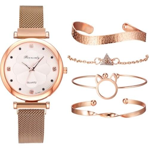Fashion Women Watches Bracelet Set Luxury Magnet Buckle Flower Rhinestone Watch Ladies Quartz Wrist Watch 5PCS Set Reloj Mujer